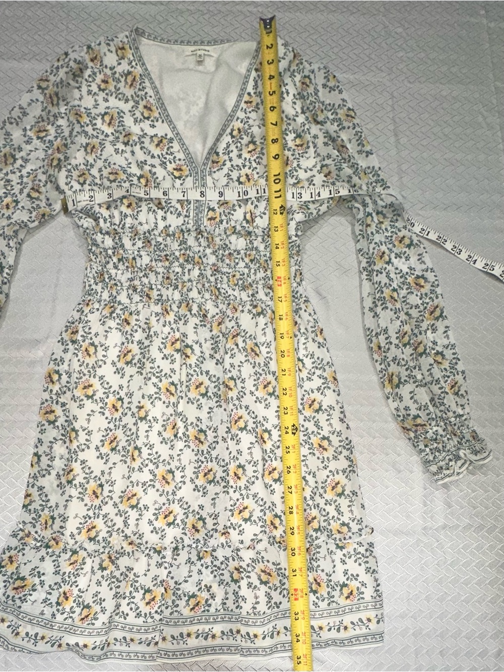 Max Studio White Floral Long-Sleeve Smocked Dress with Yellow Flowers